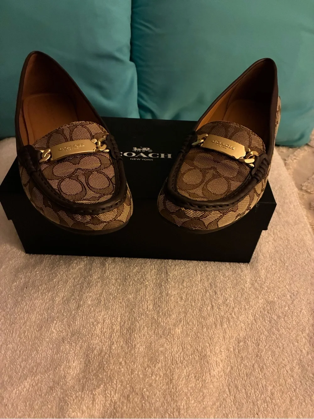 NIB Coach Brown Signature Canvas Loafers with Gold Accent slip-on, original box